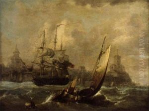 A Royal Naval Fifth Rate Running Into A Channel Port by Edward William Cooke