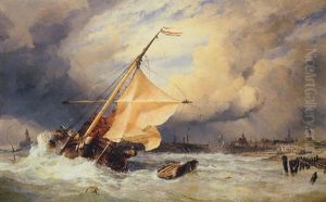 A Dutch Peon (poon) Running For The Port Of Harlingen, Is Driven In A Heavy Squall Outside The South Pier Head by Edward William Cooke