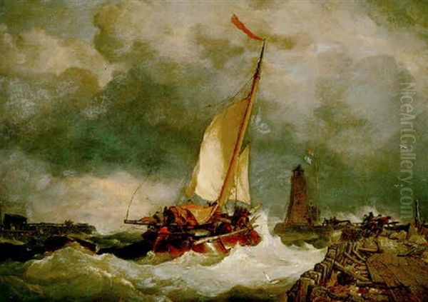 Dutch Pilots Warping Their Craft Out Of Harbour In Rough Weather - view 1