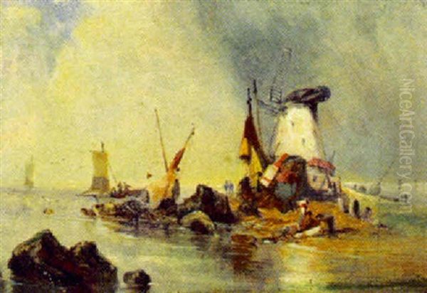 Kustmotiv Med Batar, Kvarn Och Figurer - view 1