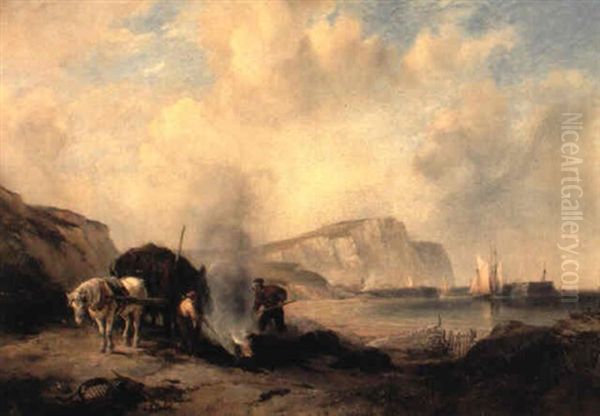 Figures Burning Seaweed On The Beach With A Harbor And Cliffs Beyond - view 1