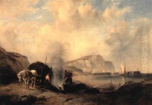 Figures Burning Seaweed On The Beach With A Harbor And Cliffs Beyond by Edward William Cooke
