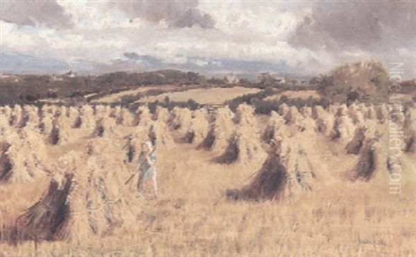 A Cheshire Corn Field With A Figure Amongst The Stacks - view 1