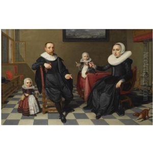 A Portrait Of A Gentleman And His Wife Seated At A Table With Their Two Young Children, In An Interior With A Marine Painting On The Wall In The Background