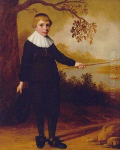 Portrait Of A Boy, Aged Seven, In A Brown Costume, A Hat In His Right Hand And A Stick In His Left, Indicating A River Landscape Beyond by Jan Daemen Cool
