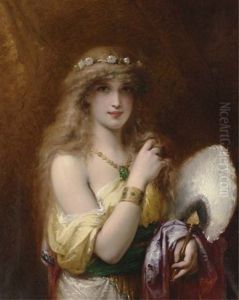 A Young Beauty Holding A Fan by Pierre Olivier Joseph Coomans
