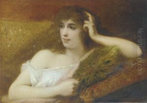 An Elegant Lady Holding A Peacock Feather Fan by Pierre Olivier Joseph Coomans