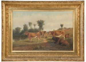 Pastoral Scene Of Cows On Path Next To Pond, With Distant Village (probably Auburn) by Delbert Dana Coombs