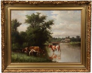 Pastoral Scene With Three Cows In River Near Bridge by Delbert Dana Coombs