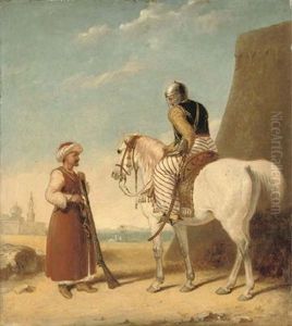 Two Mameluke Soldiers, One On A Horse, Outside A Walled Town by Abraham Cooper