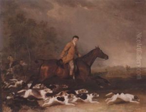 Portrait Of Thomas Oldachre Mounted On A Chestnut Hunter With Hounds In A Landscape by Abraham Cooper