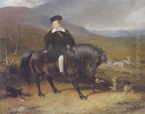 Portrait Of Master Fitzgibbon On His Pony "lion", With "mustard", "lion" And "spice", Three Skye Terriers