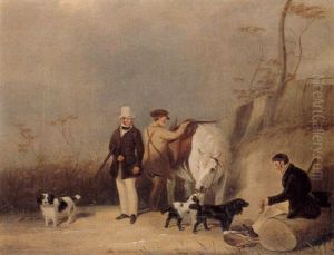 Sportsmen In A Landscape With Spaniels And Game by Abraham Cooper