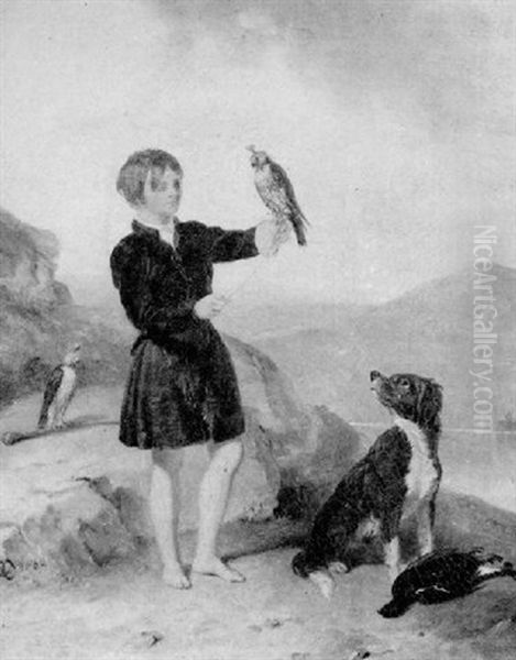 A Boy With Falcons, A Spaniel And Game In A Highland Landscape - view 1