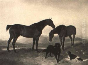 Two Bay Hunters With Hounds In A Landscape by Abraham Cooper