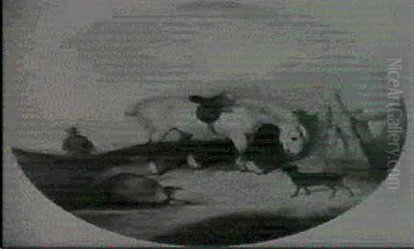A Grey Hunter Tethered To A Fence With A Huntsman And Pointers Beyond - view 1