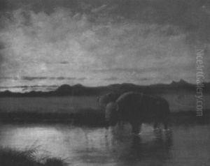 Panoramic Landscape With Buffalo by Astley David Middleton Cooper