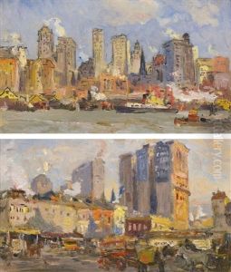 New York From The Pennsylvania Railroad Ferry & West Street Near The Courtland Ferries: A Pair Of Works by Colin Campbell Cooper