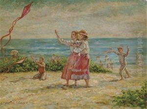 Children Flying Kites At The Seashore by Colin Campbell Cooper