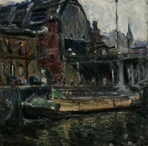 Barge/river Scene With Figures by Colin Campbell Cooper