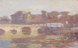 A Riverside European Town by Colin Campbell Cooper