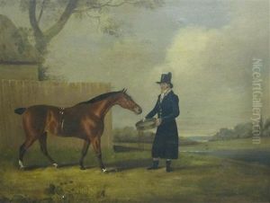 A Horse And Groom By A Wall, A River Landscape Beyond by Edwin Cooper