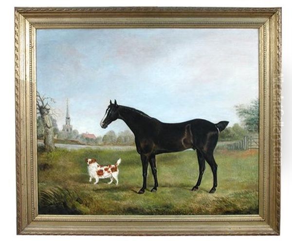 A Dark Bay Hunter And A King Charles Spaniel Before Acle Church, Norfolk - view 1
