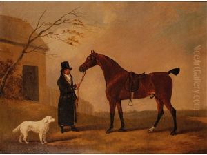 A Bay Horse With A Man And Dog Beside A Stable by Edwin Cooper