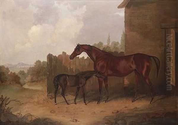 "georgiana", A Bay Racehorse, And Her Foal, "sir Henry" By "walton", Before A Stable In A Landscape - view 1
