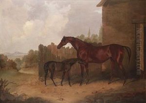 "georgiana", A Bay Racehorse, And Her Foal, "sir Henry" By "walton", Before A Stable In A Landscape