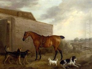 A Bay Hunter And Hounds Outside A Stable by Edwin Cooper