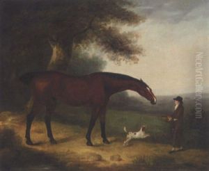 A Groom Feeding A Horse In A Landscape by Edwin Cooper
