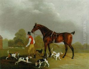 A Huntsman Leading A Bay Hunter, With Hounds Outside Kennels