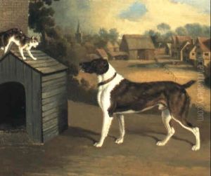 Dog Frightening A Cat On A Kennel Roof by Edwin Cooper