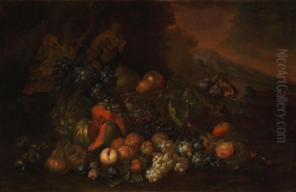 Melons, Grapes, Peaches And Other Fruit In Landscape - view 1
