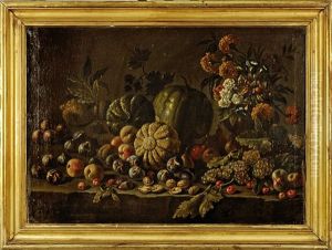 Nature Morte Au Melon, Figue, Peches, Bouquet De Fleurs Sur Un Entablement De Pierre by Joseph Teal Cooper