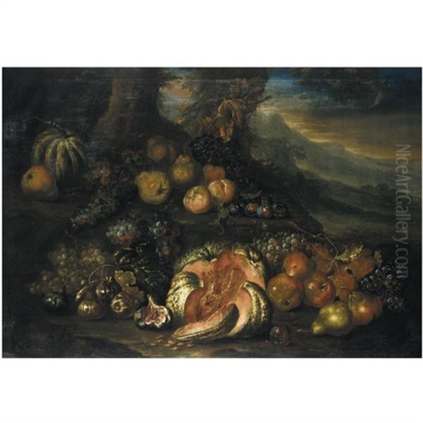 A Forest Floor With An Arrangement Of Fruit, Including An Open Melon, Figs, Pears, Plums And Grapes - view 1