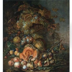 Still Life Of Melon, Peaches, Pears, And Grapes On The Vine In A Basket by Joseph Teal Cooper