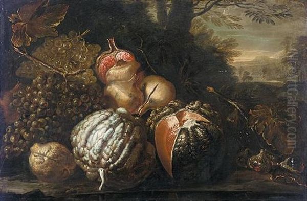 Still Life With A Lemon, Melons, Pomegranates, Figs And Grapes In A Landscape - view 1