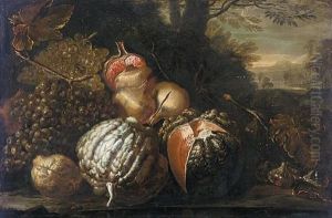 Still Life With A Lemon, Melons, Pomegranates, Figs And Grapes In A Landscape by Joseph Teal Cooper