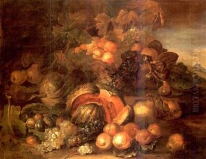 Peaches, Pears, Melons, Plums And White And Red Grapes In A Landscape With A Basket Of More Fruit Behind by Joseph Teal Cooper