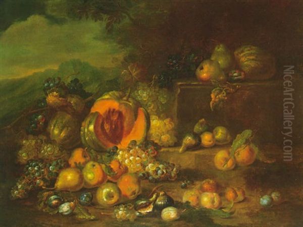 Still Lifes Of Fruits In Mountainous Landscapes One With Sky To The Left, One With Sky To The Right - view 1