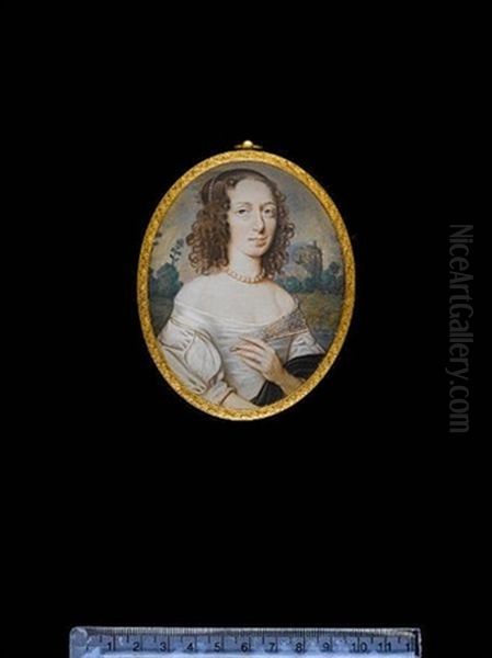 A Lady (sarah, Lady Carew?) Wearing White Silk Dress, The Sleeve Slashed To Reveal White Underslip, Black Cloak Over Her Left Arm And Pearl Necklace - view 1