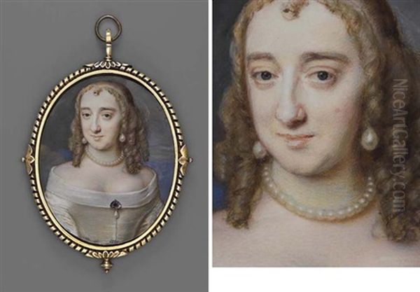 Lady Marsham In Low-cut White Dress With White Underslip, Jewelled Drop-pearl Pendant At Corsage - view 1