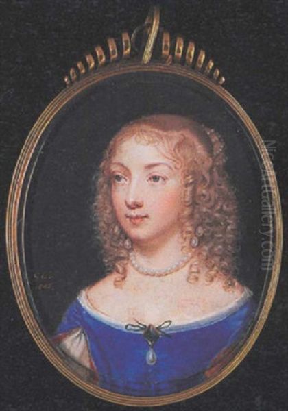 A Lady Wearing Decollete Blue Dress, Black Ribbon Bow And Gold Brooch And Pendant Pearl At Her Corsage, Pearl Necklace And Drop-pearl Earrings, Blonde Hair In Ringlets And Set With Pearls - view 1