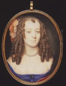 A Lady Wearing Decollete Blue Dress, The Bodice Decorated With Strands Of Pearls, Sapphire Brooch, White Underslip, Red Cloak, Pearl Necklace...