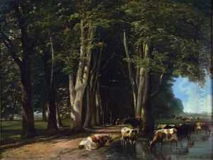 Cattle Watering By A Wooded Lane by Thomas Sidney Cooper