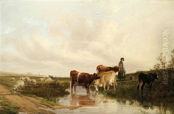 Landscape With Sheep And Cattle At A Stream - view 1