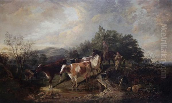 Drovers With Cattle And Dog In Landscape - view 1