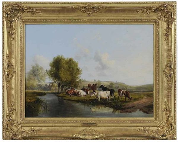 Cows Resting By A River - view 1